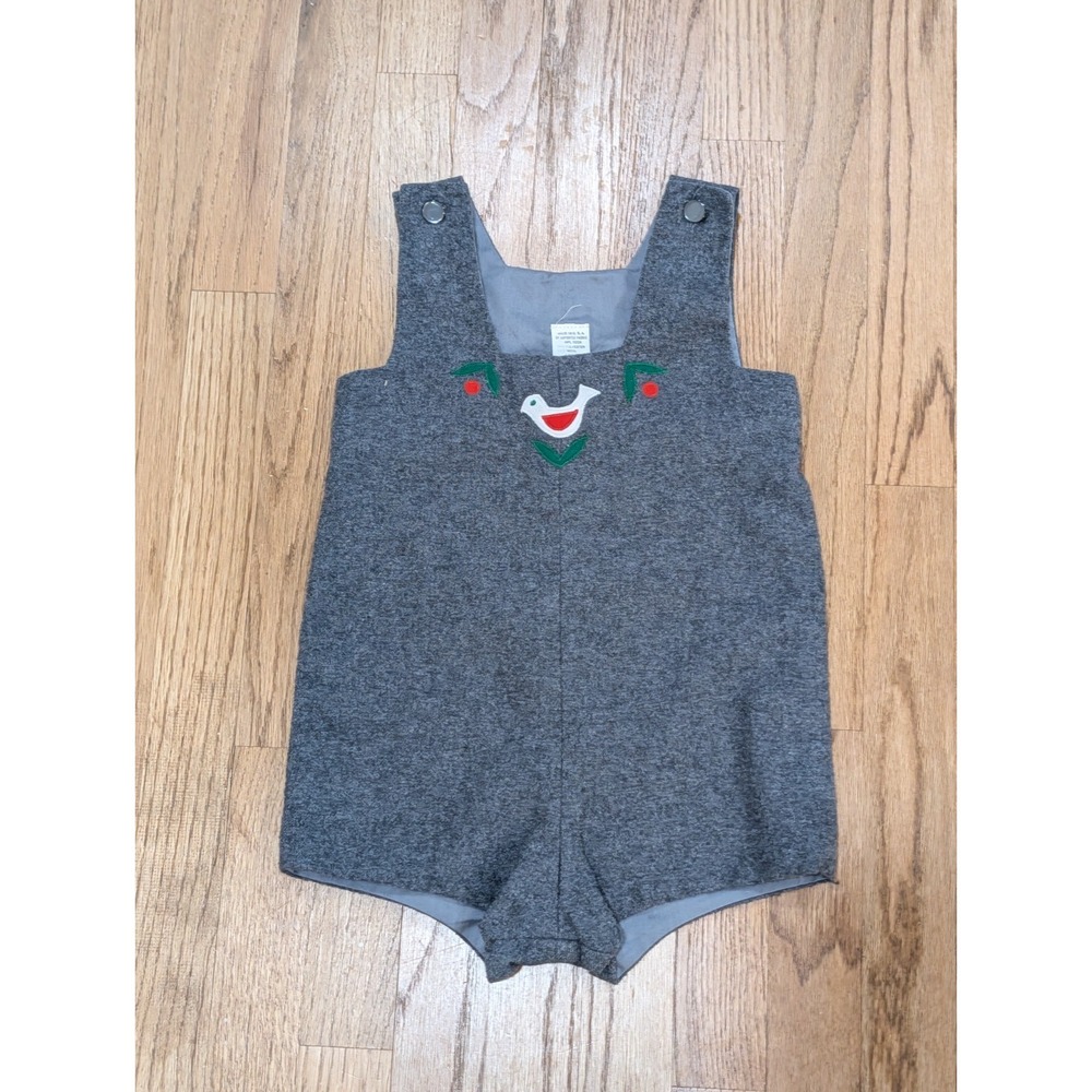Vintage Toddler 2T Gray Wool Blend Christmas SHortall Romper Dove Holly USA Made